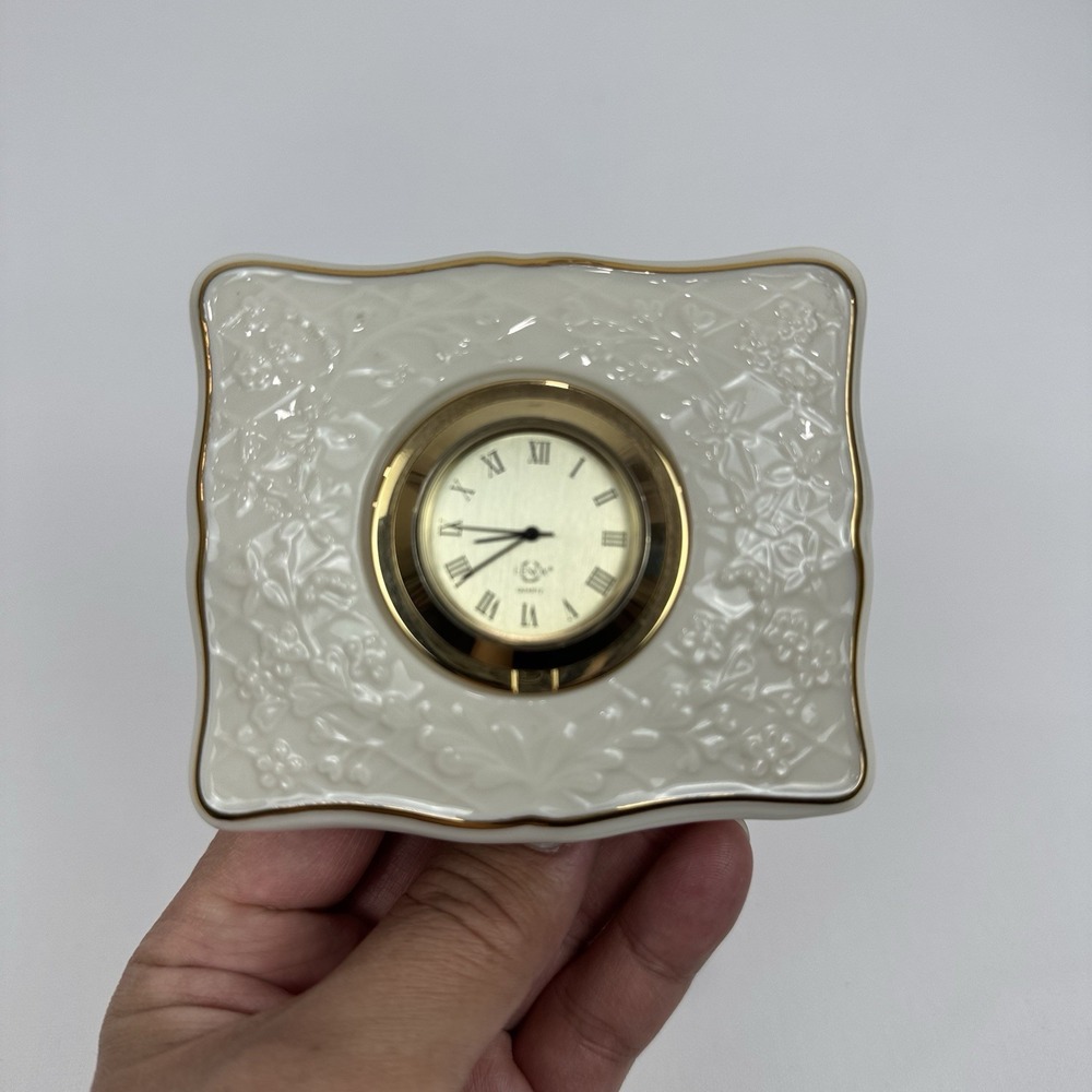 [RARE]Lenox Barrington Mini Porcelain Desk Clock Gold Trim Floral Embossed